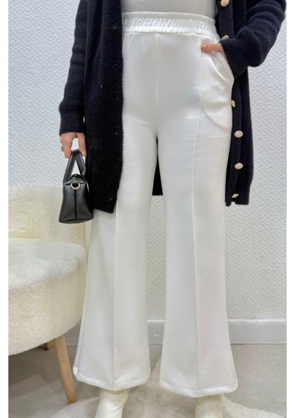 Scuba Kumaş Beli Lastikli Pare Tesettür Pantolon- Beyaz modelleri