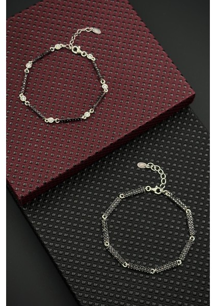 925 Ayar Gümüş Siyah Zirkon Taşlı Erkek/kadın Bileklik Set FRJ12597-3597-S