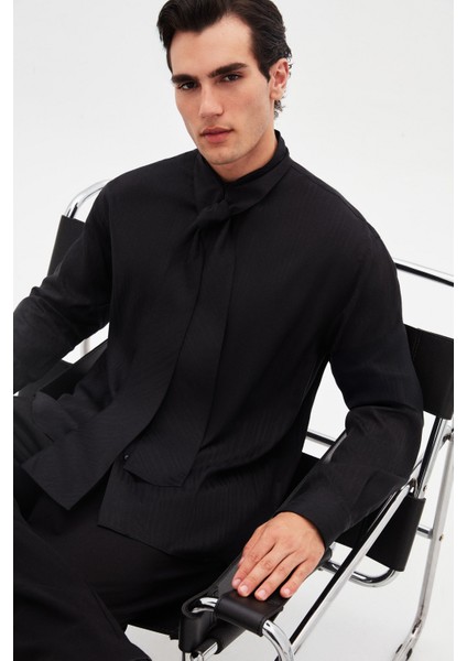 Relaxed Siyah Düz Tencel Gömlek