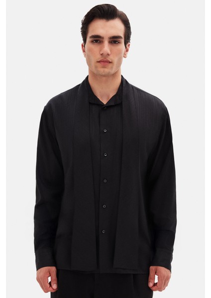 Relaxed Siyah Düz Tencel Gömlek modelleri