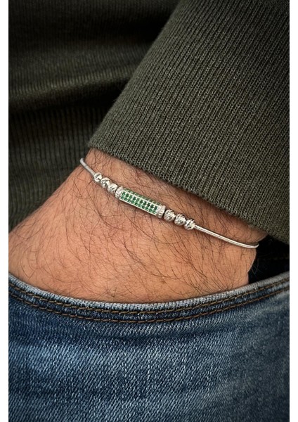 925 Ayar Gümüş Italyan Model Yeşil Zirkon Taşlı Gümüş Renk Erkek Bileklik FRJ12356-3356-Y fiyatları