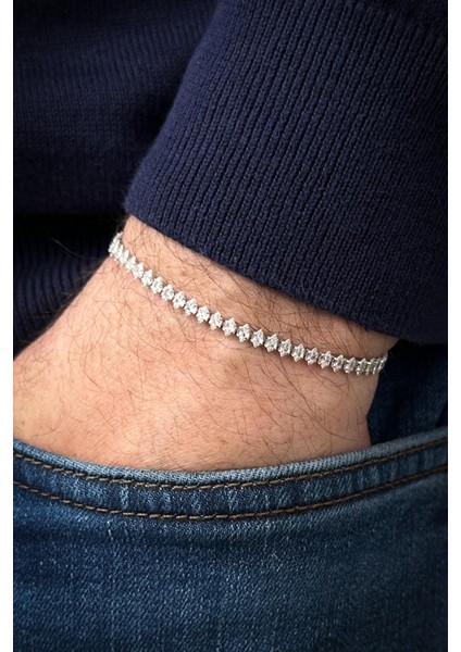 925 Ayar Gümüş Beyaz Zirkon Taşlı Gümüş Renk Erkek Bileklik FRJ12464-3464-A fiyatları