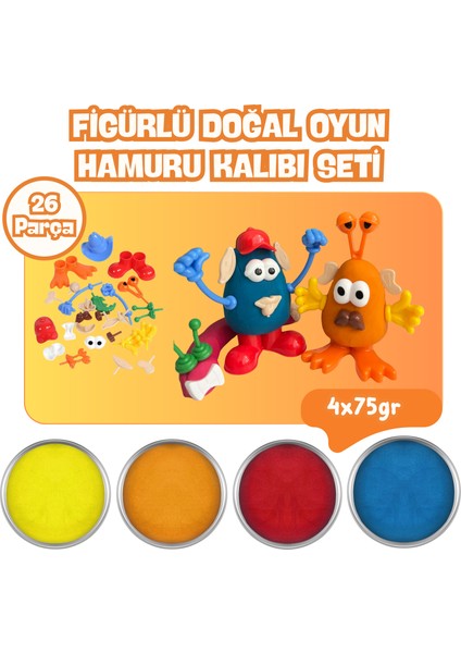 Eğlenceli Figürlü Doğal Oyun Hamuru Kalıbı Seti - 4X75GR Doğal Oyun Hamuru -Sarı, Turuncu, Pembe
