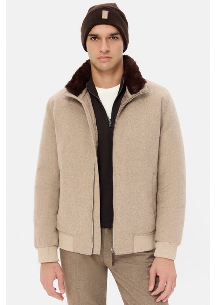 Ds Damat Regular Fit Bej Düz Yakası Çıkartılabilir Kürklü Mont