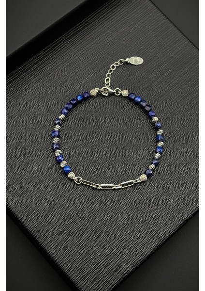 925 Ayar Gümüş ve Lapis Lazuli Doğal Taşlı Lacivert Erkek Bileklik FRJ12381-3381-L