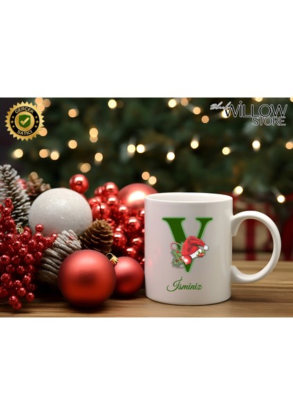 Noel Temalı V Harfi Porselen Kupa Bardak,hediyelik,yılbaşı,isim Temalı,merry Christmas