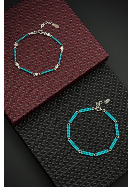 925 Ayar Gümüş Turkuaz Zirkon Taşlı Erkek/kadın Bileklik Set FRJ12597-3597-M