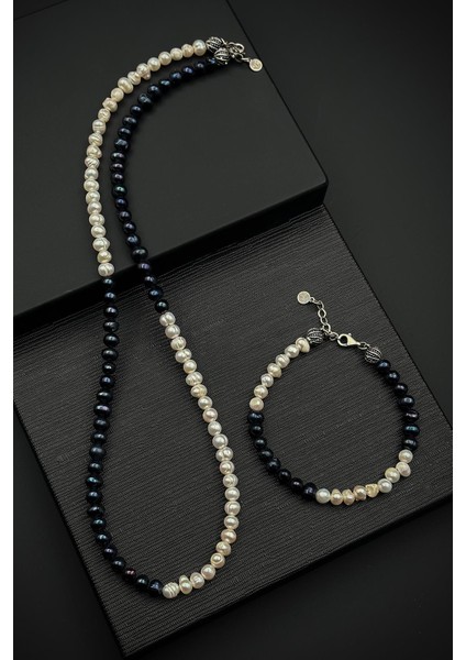 925 Ayar Gümüş ve Inci Taşlı Lacivert-Beyaz Renk Erkek Bileklik/kolye Set FRJ12403-3403-LA