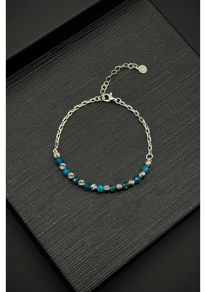 925 Ayar Gümüş ve Apatit Doğal Taşlı Mavi Renk Erkek Bileklik FRJ11990-2090-M2