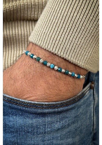 925 Ayar Gümüş ve Apatit Doğal Taşlı Mavi Renk Erkek Bileklik FRJ11990-2090-M2 fiyatları