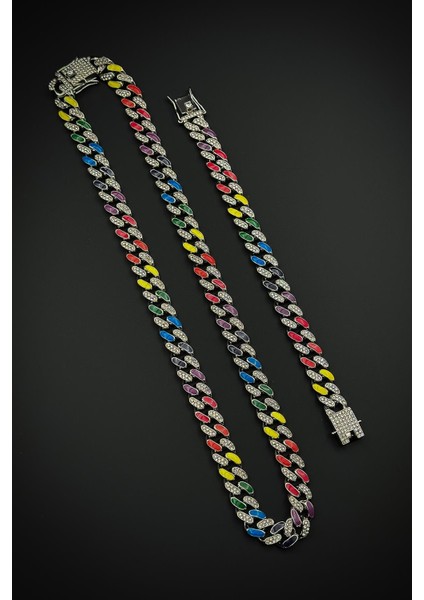 Bronz Madenli Çok Renkli Zirkon Taşlı Gümüş Renk Tennis Erkek Bileklik/kolye Set FRJ12585-3585-CK