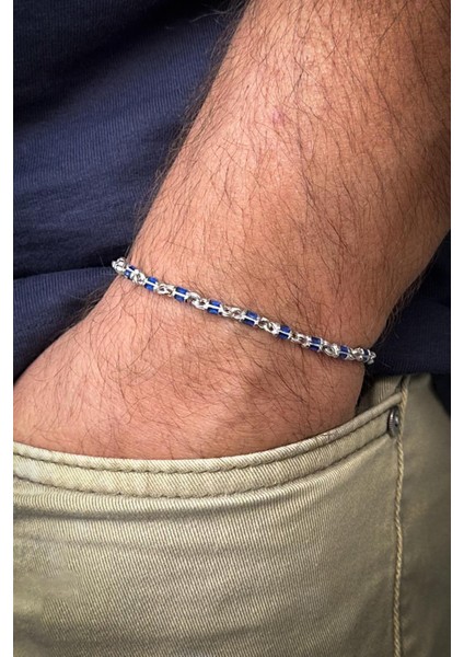 925 Ayar Gümüş Italyan Model Lacivert Zirkon Taşlı Gümüş Renk Erkek Bileklik FRJ12635-3635-L fiyatları