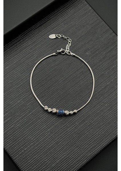 925 Ayar Gümüş Italyan Model Lacivert Zirkon Taşlı Gümüş Renk Erkek Bileklik FRJ12523-3523-L