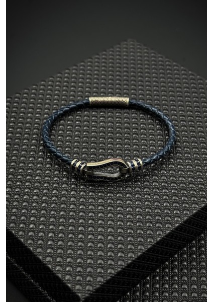 925 Ayar Gümüş ve Derili Zirkon Taşlı Lacivert Renk Erkek Bileklik FRJ12621-3621-L fiyatları