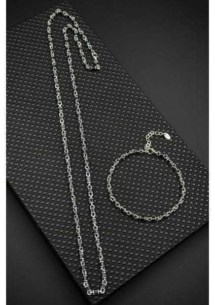 925 Ayar Gümüş Siyah Zirkon Taşlı Gümüş Renk Erkek Bileklik/kolye Set FRJ12674-3674-S