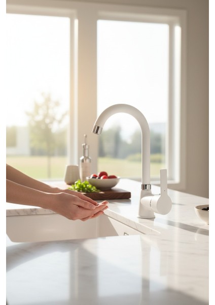 Kalın Gövde Mutfak Bataryası Delta Eviye Musluğu Beyaz Eviye Bataryası - %100 Pirinç Hammadde, Paslanmaz, Ağır Gövde, Elektrostatik Boya, 360 Hareketli Boru modelleri