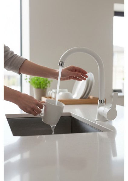 Kalın Gövde Mutfak Bataryası Delta Eviye Musluğu Beyaz Eviye Bataryası - %100 Pirinç Hammadde, Paslanmaz, Ağır Gövde, Elektrostatik Boya, 360 Hareketli Boru fırsatları