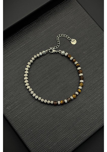 316L Çelik ve Kaplan Gözü Doğal Taşlı Kahverengi Erkek Bileklik FRJ12360-3360-K