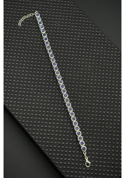 925 Ayar Gümüş Lacivert Doğal Taşlı Gümüş Renk Erkek Bileklik FRJ12678-3678-L