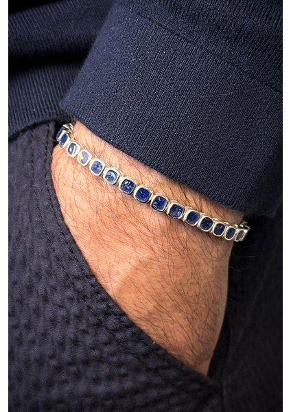 925 Ayar Gümüş Lacivert Doğal Taşlı Gümüş Renk Erkek Bileklik FRJ12678-3678-L modelleri