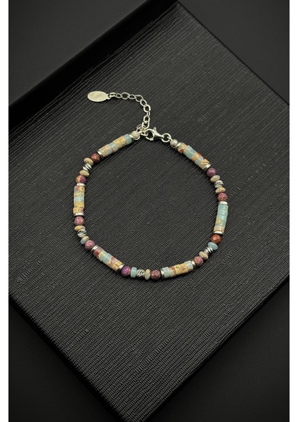 925 Ayar Gümüş ve Jasper Doğal Taşlı Çok Renkli Erkek Bileklik FRJ12367-3367-CK4