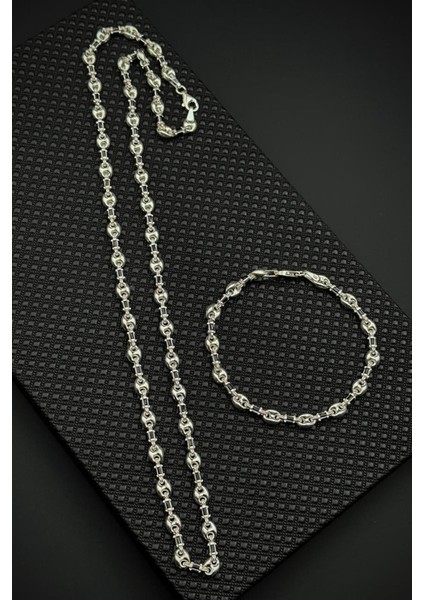 925 Ayar Gümüş Italyan Model Siyah Zirkon Taşlı Gümüş Renk Erkek Bileklik/kolye Set FRJ12715-3715-S