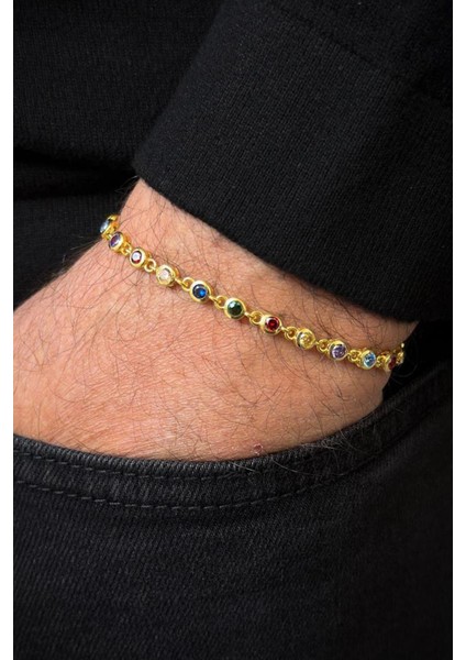 925 Ayar Gümüş Mix Renkli Zirkon Taşlı Altın Renk Erkek Bileklik FRJ12720-3720-CKG fiyatları