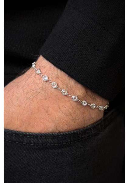 925 Ayar Gümüş Beyaz Zirkon Taşlı Gümüş Renk Erkek Bileklik FRJ12721-3721-A fiyatları