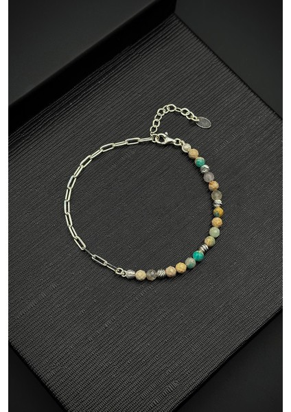 925 Ayar Gümüş ve Phoenix Turkuaz Doğal Taşlı Bej Renk Erkek Bileklik FRJ12456-3456-BM