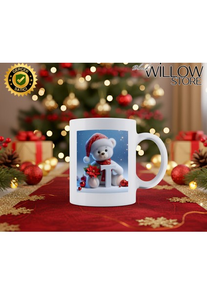 Noel Ayıcık Temalı T Harfi Porselen Kupa Bardak,hediyelik,yılbaşı,isim Temalı,merry Christmas