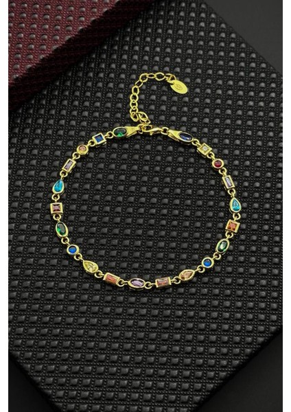 925 Ayar Gümüş Mix Renkli Zirkon Taşlı Altın Renk Erkek Bileklik FRJ12719-3719-CKG