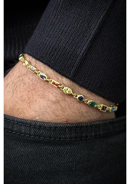 925 Ayar Gümüş Mix Renkli Zirkon Taşlı Altın Renk Erkek Bileklik FRJ12719-3719-CKG fiyatları