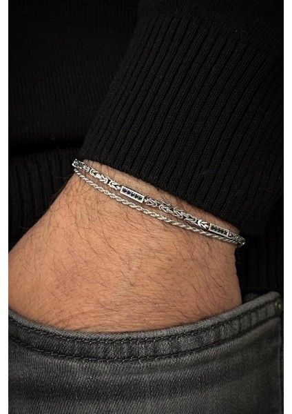 925 Ayar Gümüş Italyan Model Siyah Zirkon Taşlı Erkek Bileklik Set FRJ12470-3470-AS fiyatları