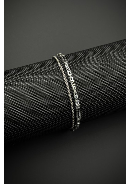 925 Ayar Gümüş Italyan Model Siyah Zirkon Taşlı Erkek Bileklik Set FRJ12470-3470-AS modelleri