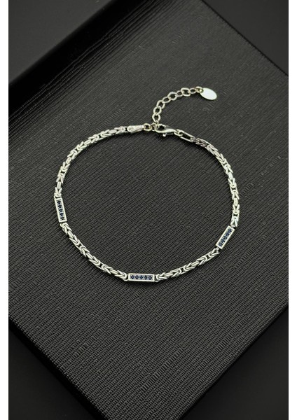 925 Ayar Gümüş Italyan Model Lacivert Zirkon Taşlı Gümüş Renk Erkek Bileklik FRJ12476-3476-L