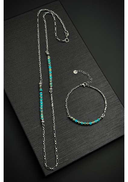 316L Çelik ve Afrika Turkuazı Doğal Taşlı Mavi Erkek Bileklik/kolye Set FRJ12514-3514-M