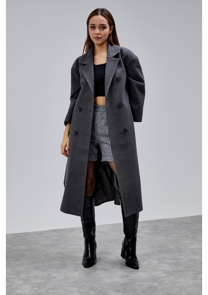 Antrasit Kruvaze Kapama Belden Bağlamalı Geniş Kalıp Kaşe Kaban