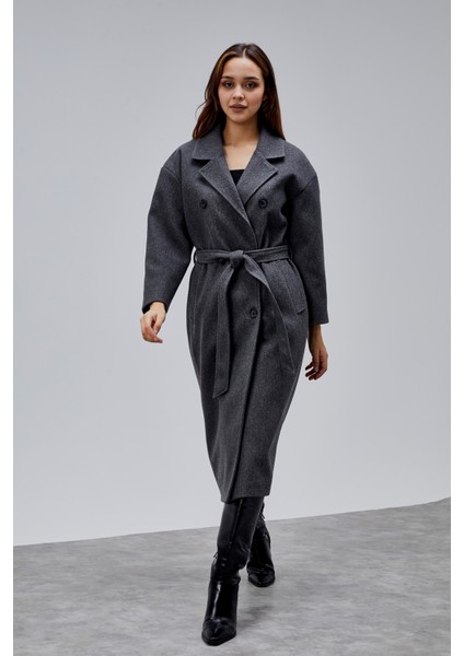 Antrasit Kruvaze Kapama Belden Bağlamalı Geniş Kalıp Kaşe Kaban fiyatları