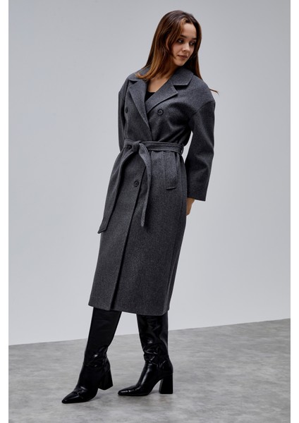 Antrasit Kruvaze Kapama Belden Bağlamalı Geniş Kalıp Kaşe Kaban modelleri