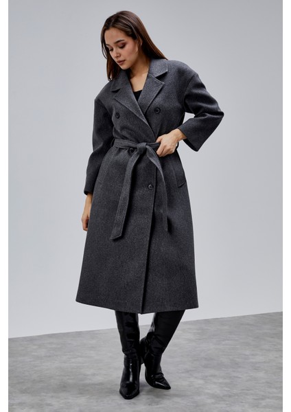 Antrasit Kruvaze Kapama Belden Bağlamalı Geniş Kalıp Kaşe Kaban fırsatları