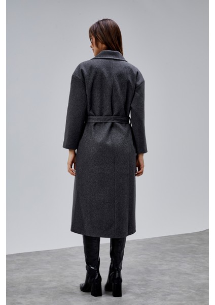 Antrasit Kruvaze Kapama Belden Bağlamalı Geniş Kalıp Kaşe Kaban indirimleri