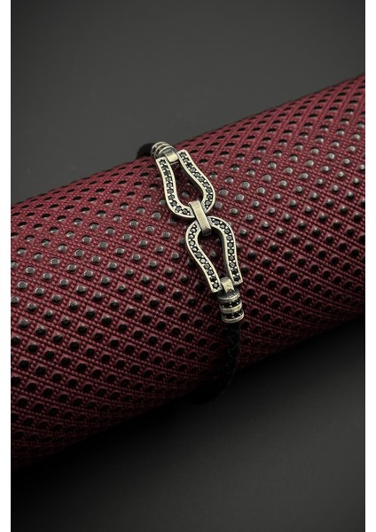 925 Ayar Gümüş ve Derili Zirkon Taşlı Siyah Renk Erkek Bileklik FRJ12622-3622-S fiyatları