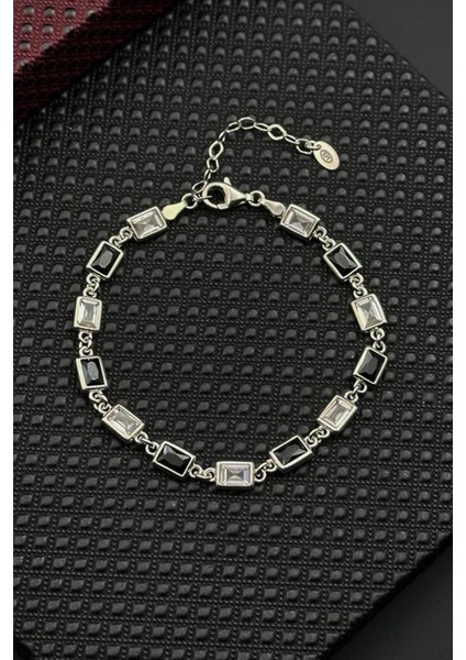 925 Ayar Gümüş Siyah-Beyaz Zirkon Taşlı Gümüş Renk Erkek Bileklik FRJ12677-3677-SB