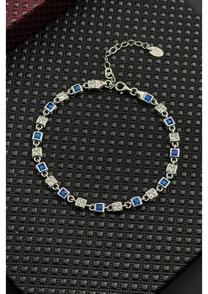 925 Ayar Gümüş Lacivert-Beyaz Zirkon Taşlı Gümüş Renk Erkek Bileklik FRJ12717-3717-LA