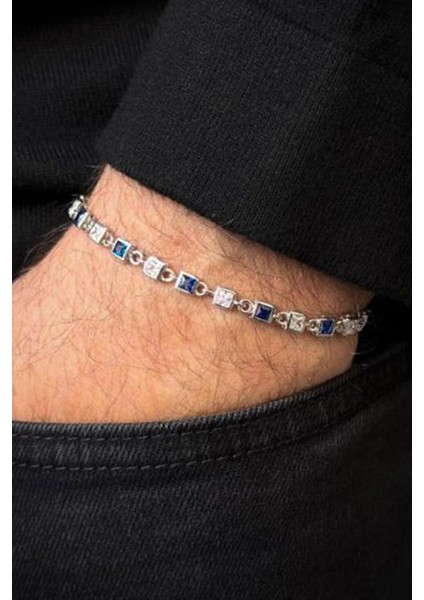 925 Ayar Gümüş Lacivert-Beyaz Zirkon Taşlı Gümüş Renk Erkek Bileklik FRJ12717-3717-LA fiyatları