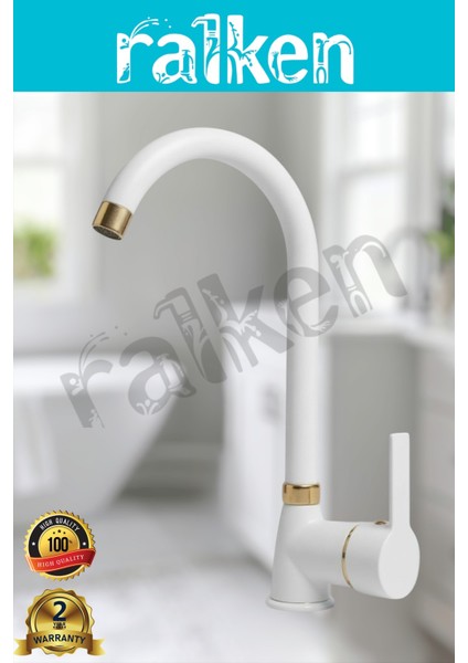 Kalın Gövde Mutfak Bataryası Delta Eviye Musluğu Beyaz Gold(Altın) Eviye Bataryası - %100 Pirinç Hammadde, Paslanmaz, Ağır Gövde, Elektrostatik Boya, 360 Hareketli Boru