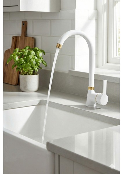 Kalın Gövde Mutfak Bataryası Delta Eviye Musluğu Beyaz Gold(Altın) Eviye Bataryası - %100 Pirinç Hammadde, Paslanmaz, Ağır Gövde, Elektrostatik Boya, 360 Hareketli Boru fiyatları