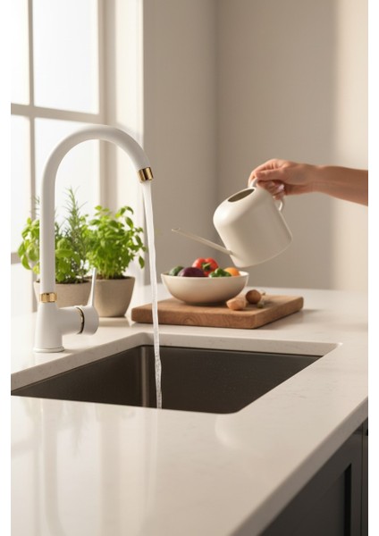 Kalın Gövde Mutfak Bataryası Delta Eviye Musluğu Beyaz Gold(Altın) Eviye Bataryası - %100 Pirinç Hammadde, Paslanmaz, Ağır Gövde, Elektrostatik Boya, 360 Hareketli Boru modelleri