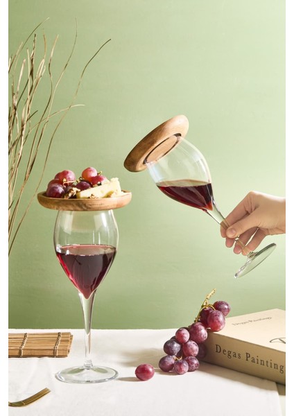 Lubi 4 Parça Ahşap Sunumlu Şarap Kadehi Seti | 2 Şarap Bardağı + 2 Mini Servis Tabağı