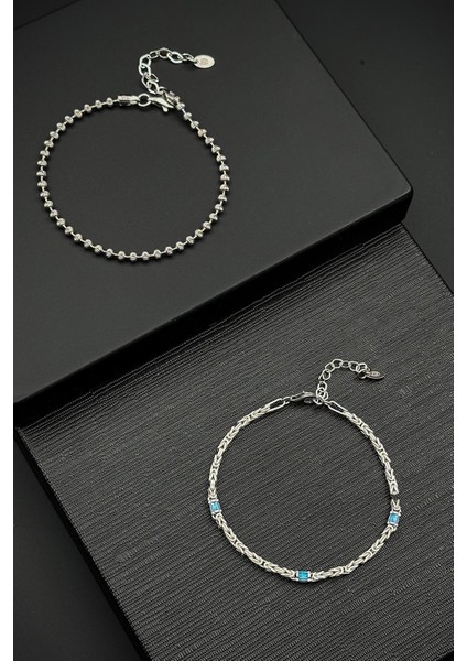 925 Ayar Gümüş Italyan Model Mavi Renk Zirkon Taşlı Gümüş Renk Erkek Bileklik Set FRJ12601-3601-M